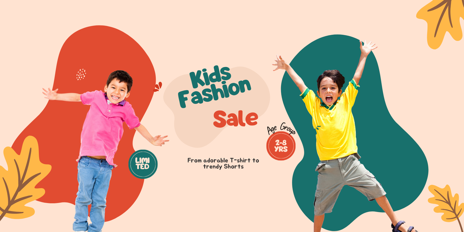 Two children in colorful clothing with 'Kids Fashion Sale' text on a beige background.