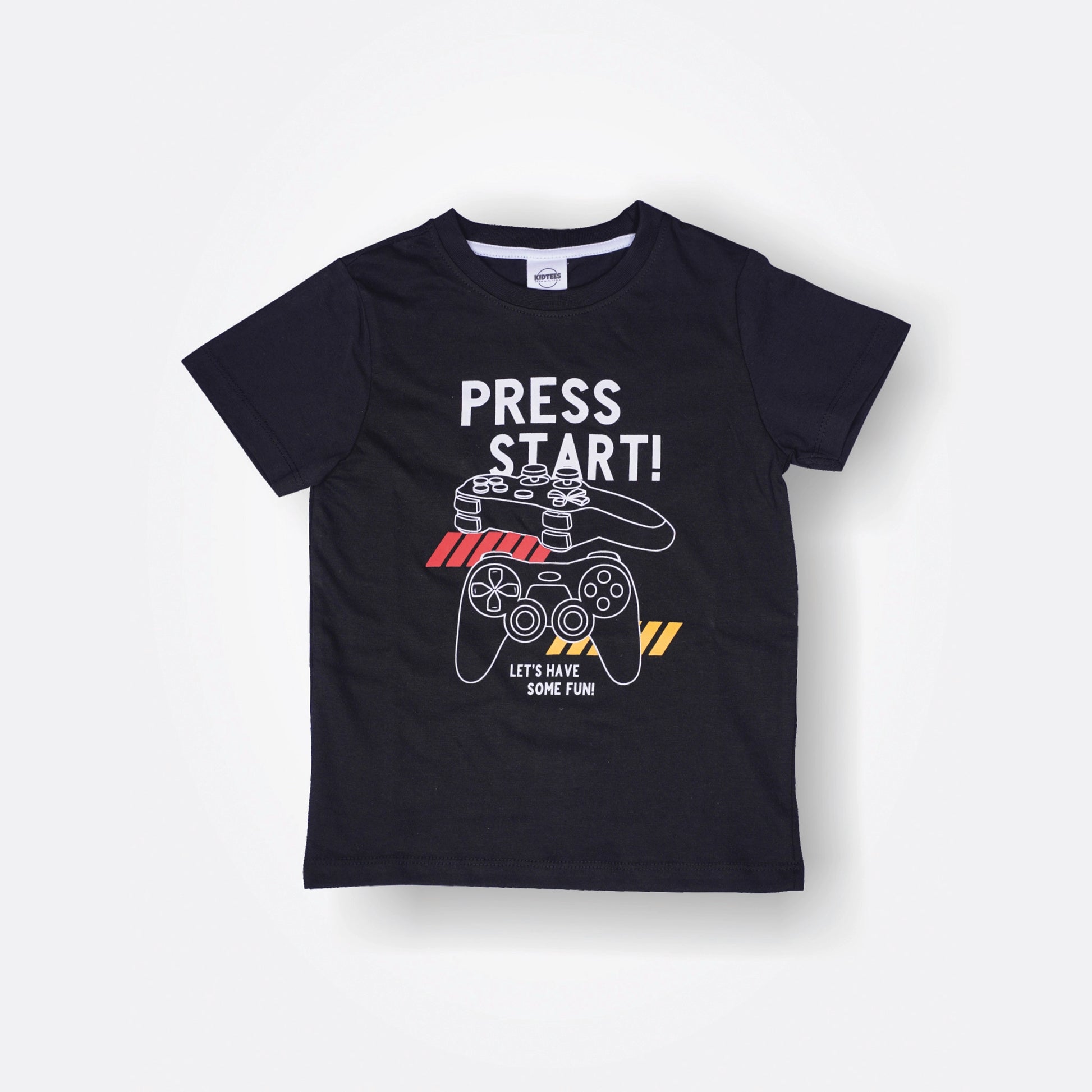Black t-shirt with 'Press Start!' graphic and text on a white background