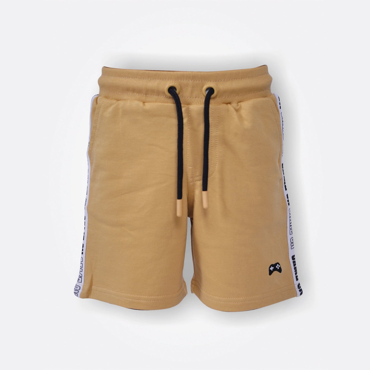 Beige shorts with black drawstring and white side strip on a light gray background