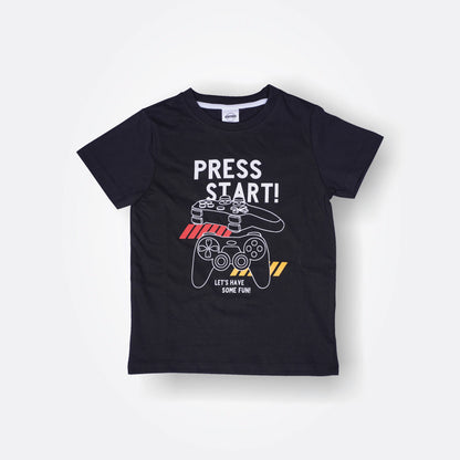 Black t-shirt with 'Press Start!' graphic and text on a white background