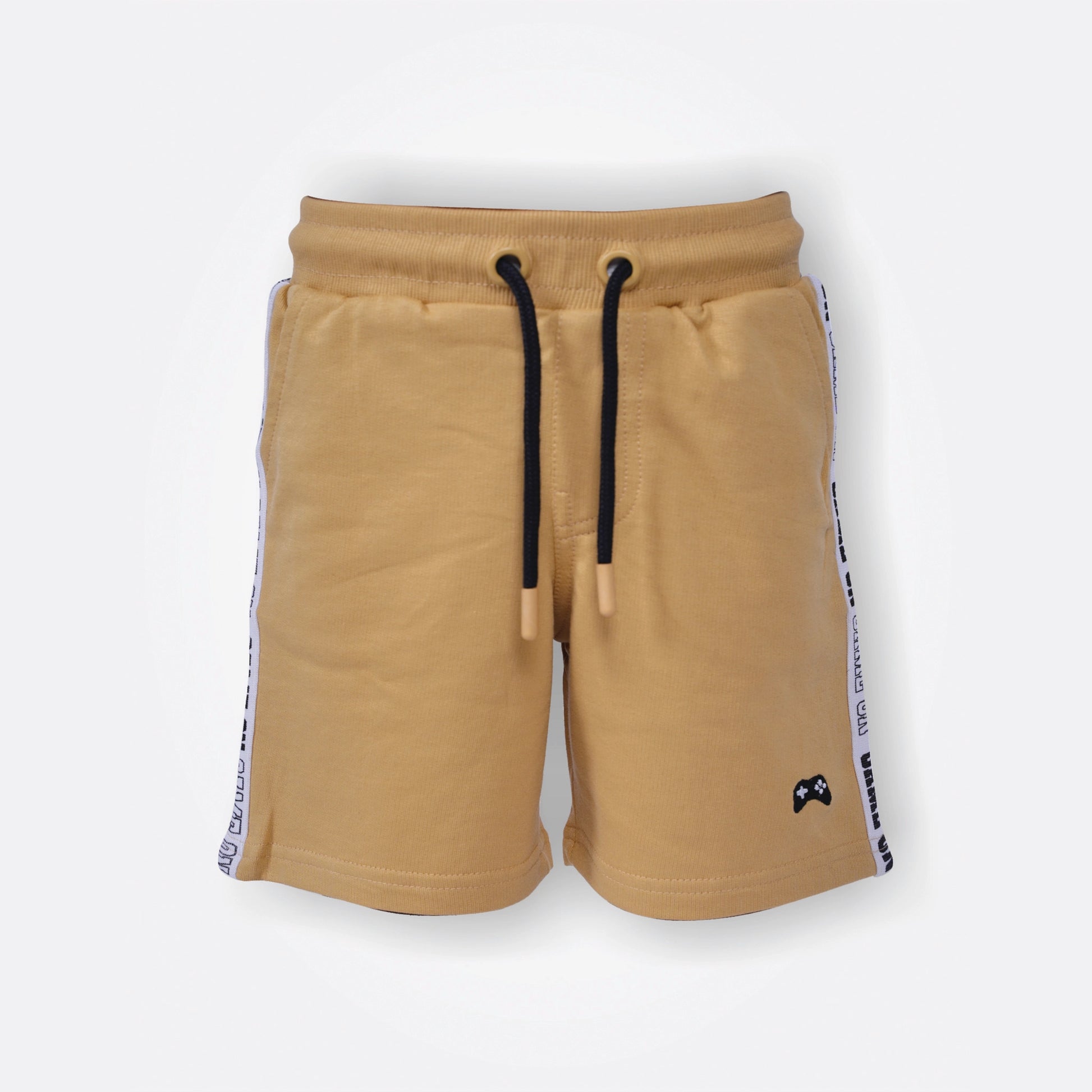 Beige shorts with black drawstring and white side strip on a light gray background